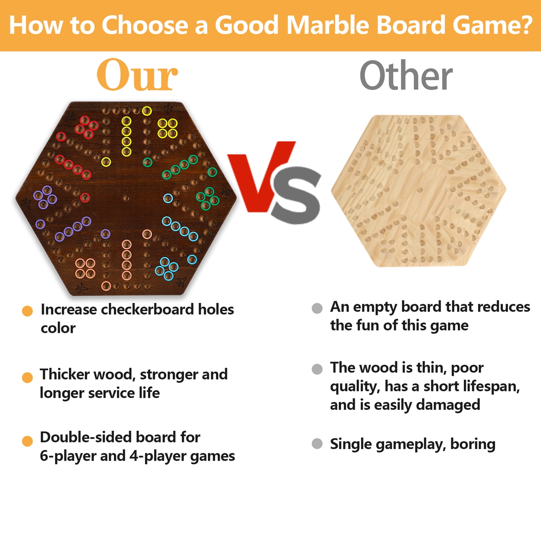 Wahoo Marble Fast Track Board Game, Rustic Brown, Thicken Wood, 4 and 6 Players, 2 Sided, 14.8 x 13 x 0.8 Inches