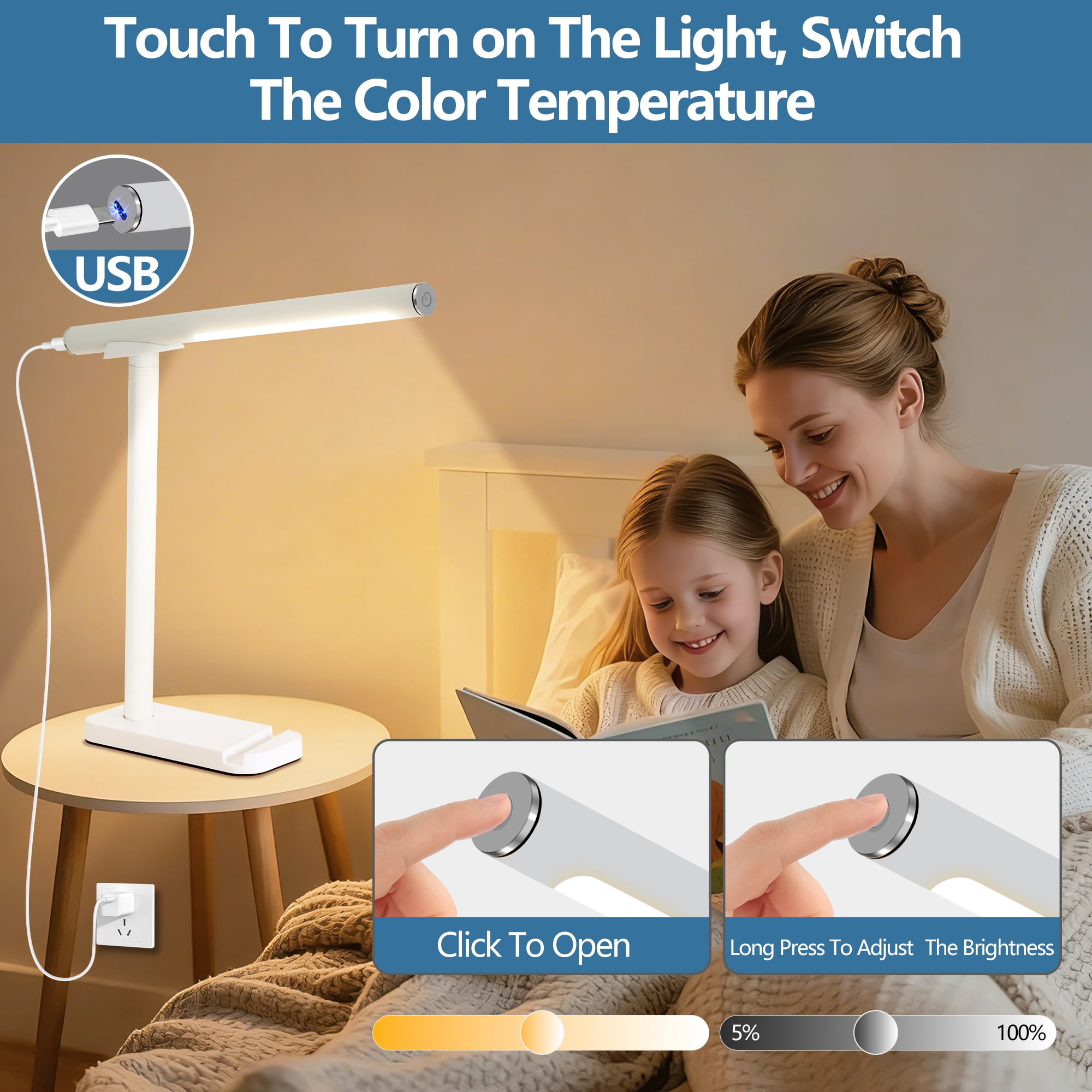 LED Desk Lamp 360° Adjustable, USB Charging Port, 5 Light Modes & Dimmable Brightness, Bedside Lamp for Reading, Craft, Work, Study (White)