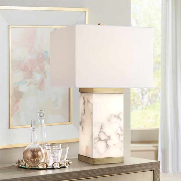 Possini Euro Design Modern Table Lamp With Nightlight Alabaster And Metal Rectangular Shade For Living Room Family Bedroom Office Walmart Com Walmart Com
