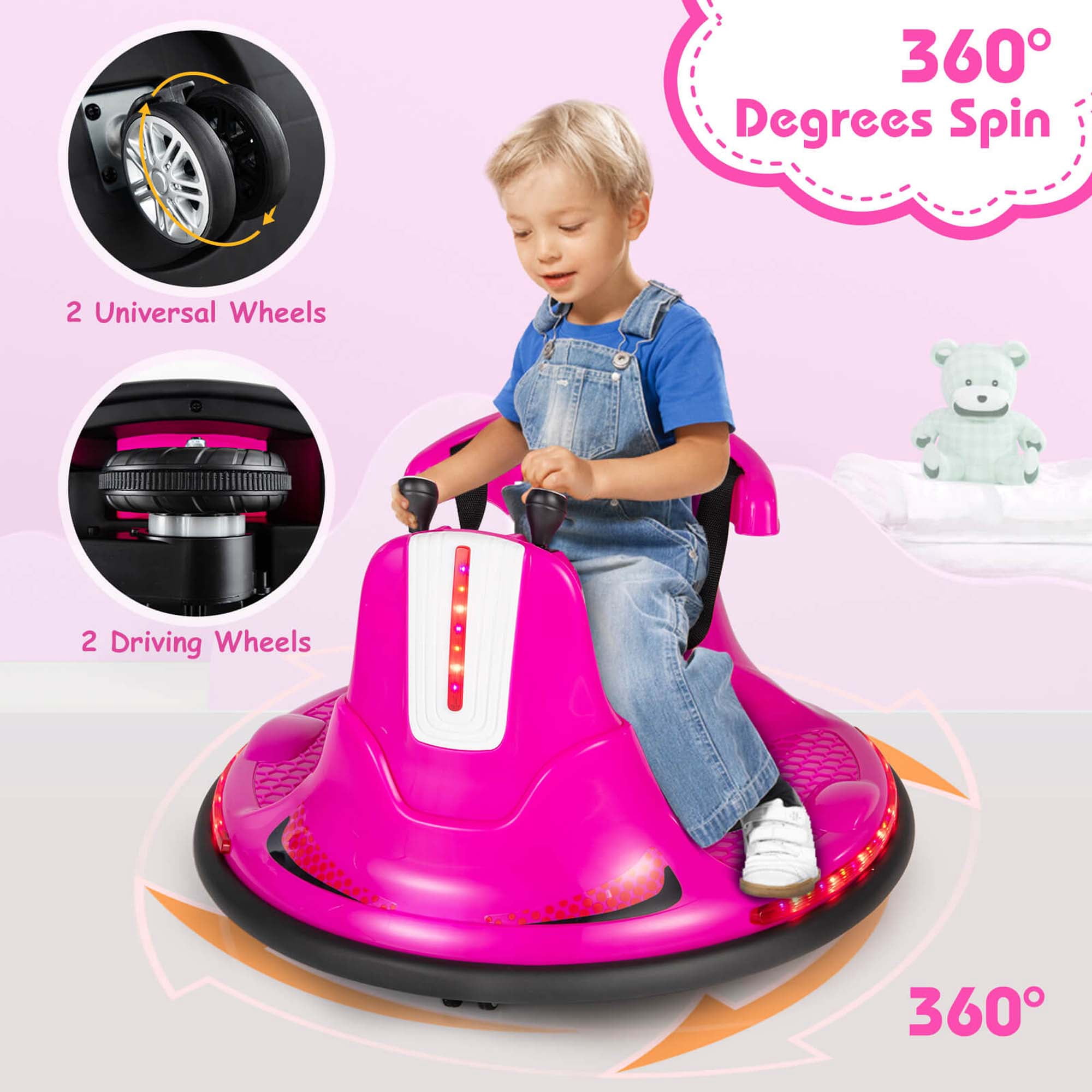 Costway 12V Bumper Car for Kids Toddlers Electric Ride On Car Vehicle with 360° Spin Pink