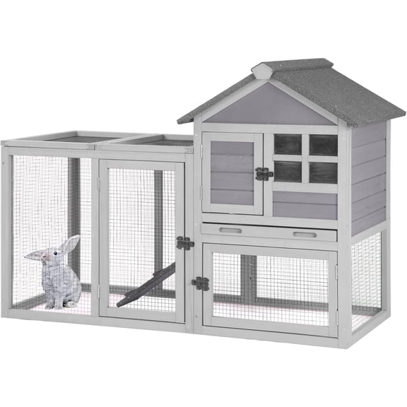 Aivituvin Rabbit Hutch Indoor Outdoor Chicken Coop, 51.6" L Wooden Rabbit Cage with No Leakage Plastic Tray, Rainproof Asphalt for Chicken,Guinea Pig, Bunny Hutch(Gray)