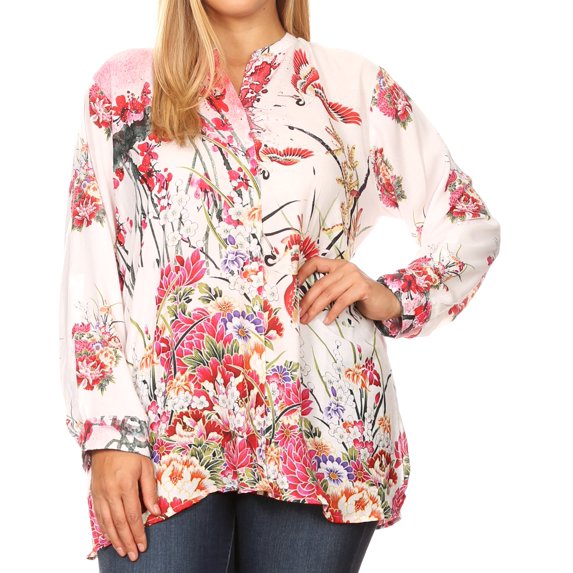 Sakkas Ditta Women's Casual Loose Long Sleeve Print Button Down Shirt Tunic Blouse - NM219-Multi - Plus Size