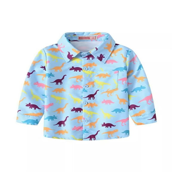 Otqutp Baby Casual Tops Toddler Baby Boys' Fashion Dinosaur Printed Shirt Lapel Button Down Shirt Long Sleeve Tops Turtleneck Shirts(1-Blue,1-2 Years)