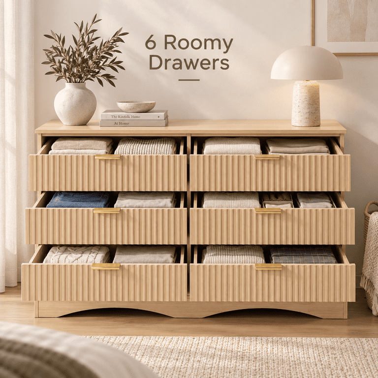 Lacoo 6 Drawer Dresser, 47'' Wide Fluted Dresser with Gold-Tone Handles, Wood Storage Chest with Smooth Glides, Modern Low Dresser for Bedroom, Living Room, Natural