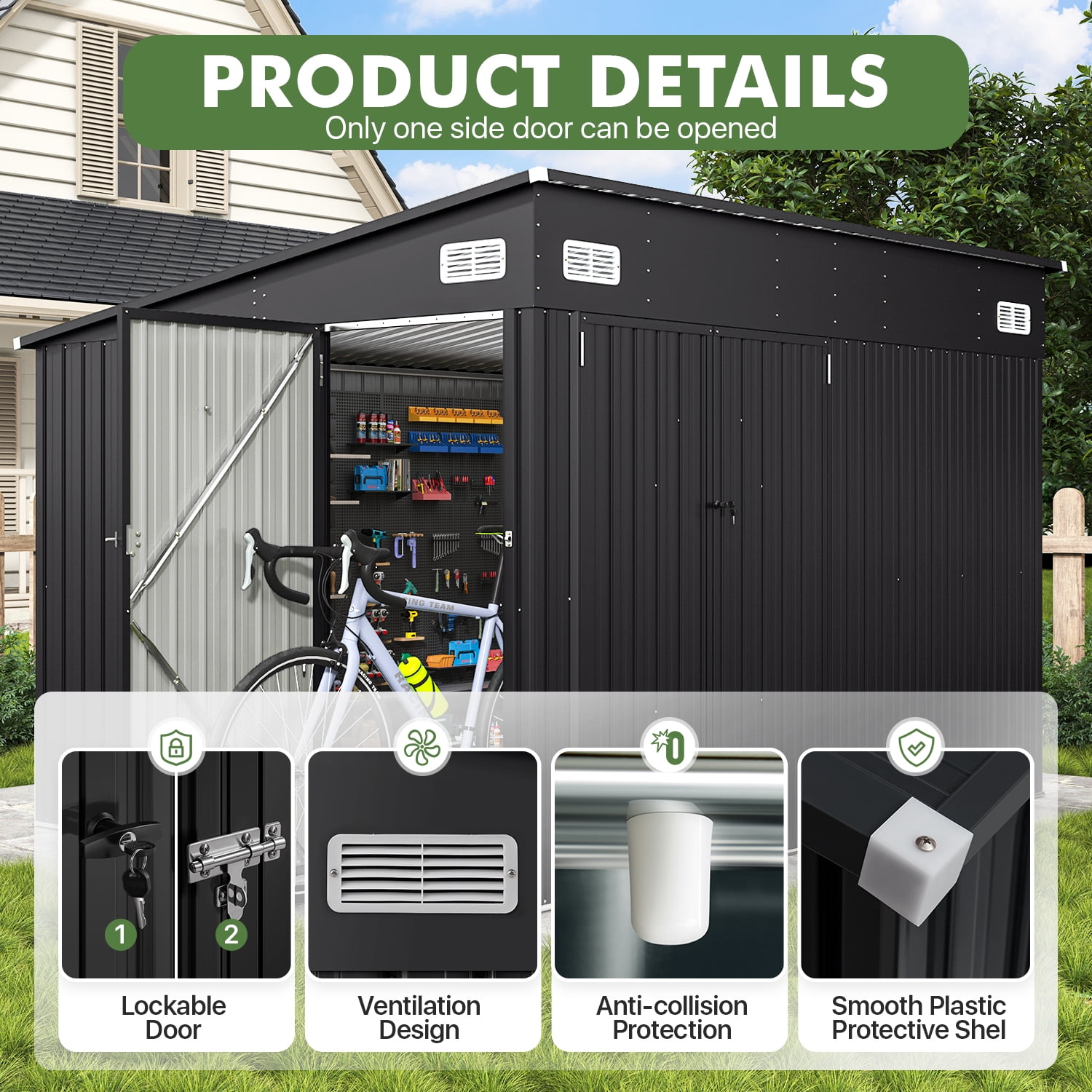 BaPiPro 10'x8' Lean-to Metal Storage Shed, Outdoor Lockable Shed with Triple Doors & Vents for Garden, Backyard, Patio - Black