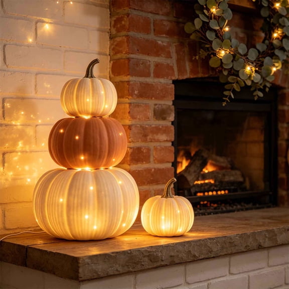 FastXmas 3 Stacked Halloween Pumpkin Lanterns Light Decor, LED Light Jack O Lantern Classic Vintage Pumpkin for Indoor Outdoor Festival Party Decoration()