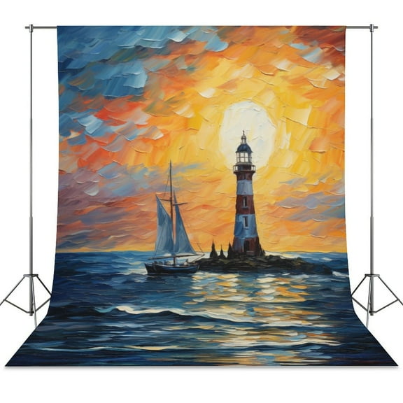 Lighthouse Sunrise Coast Scenery Pale Blue Tan Backdrops for Photography Kids Adult Photo Booth Video Shoot Vinyl Studio Prop