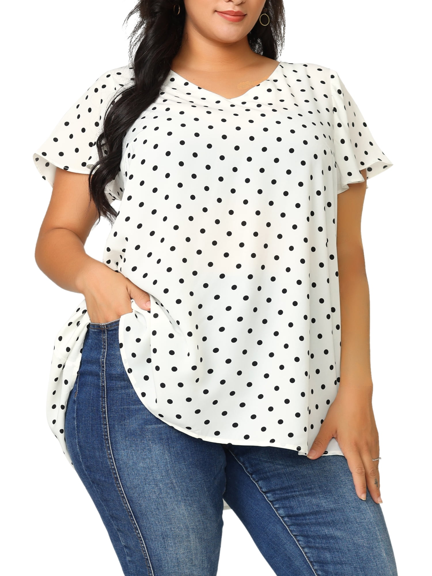 Unique Bargains Women's Plus Tops V Neck Tie Waist Polka Dots Ruffle Short Sleeve Blouse 4X White