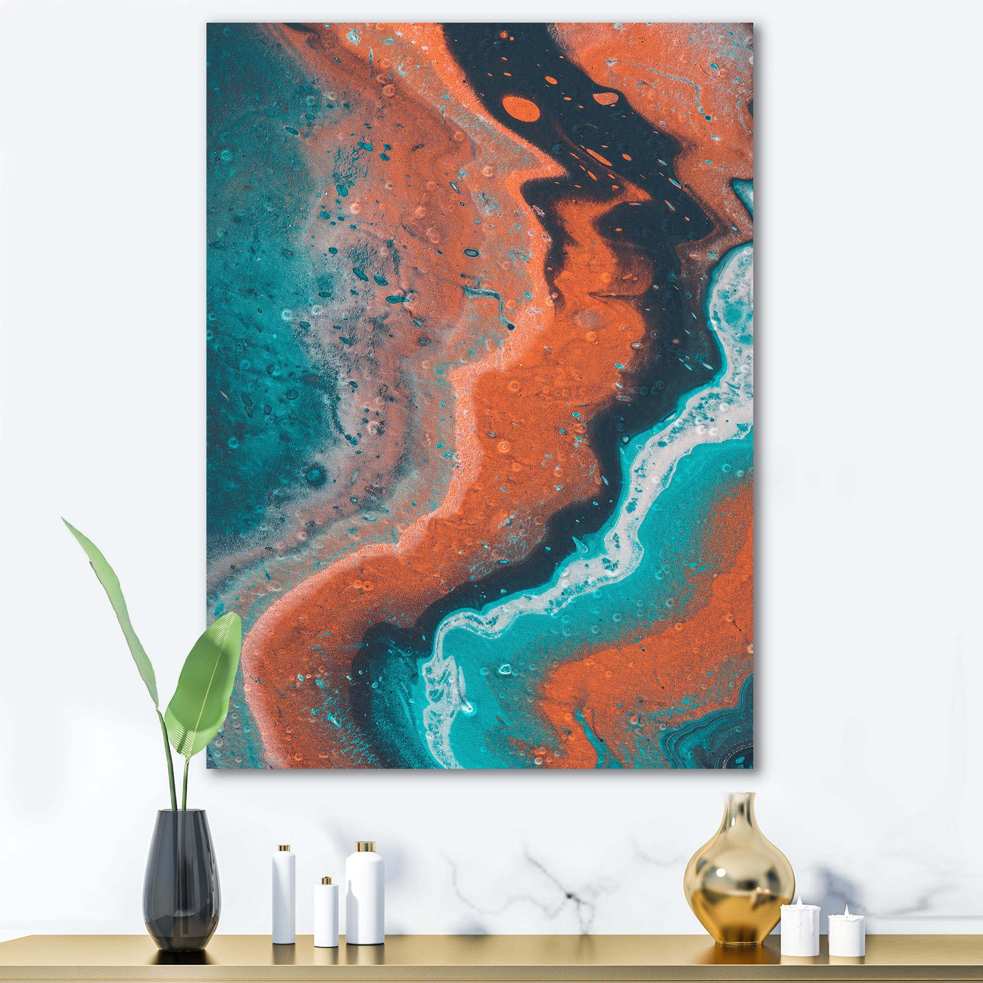 Designart ' Abstract Marble Composition In Orange and Blue I ' Modern Canvas Wall Art Print