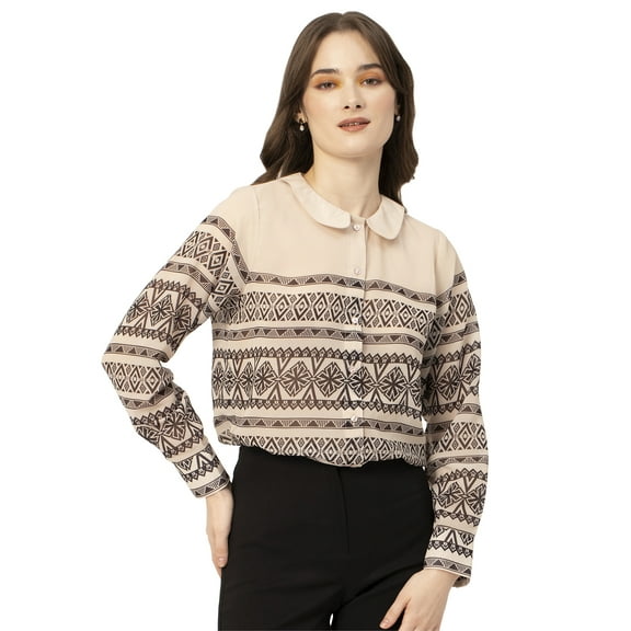 Moomaya Womens Printed Peter Pan Collar Shirt, Long Sleeve Button Down Designer Shirt