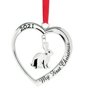 Baby's First Christmas Ornament 2021 - Silver Heart with Hanging Rabbit Christmas Ornament - Babies Christmas Ornament Engraved My First Christmas 2021 - Baby Ornament 2021 with Gift Box By Klikel