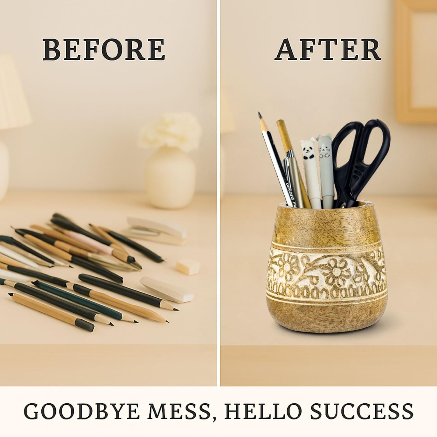 Designer Pencil Holder for Desk Wood | Paintbrush Holder Cup, Desk Accessories, Cute Make Up Brush Organizers | Office Desktop, Wooden Pen Stand | Stationary, Art Supplies | White-4''