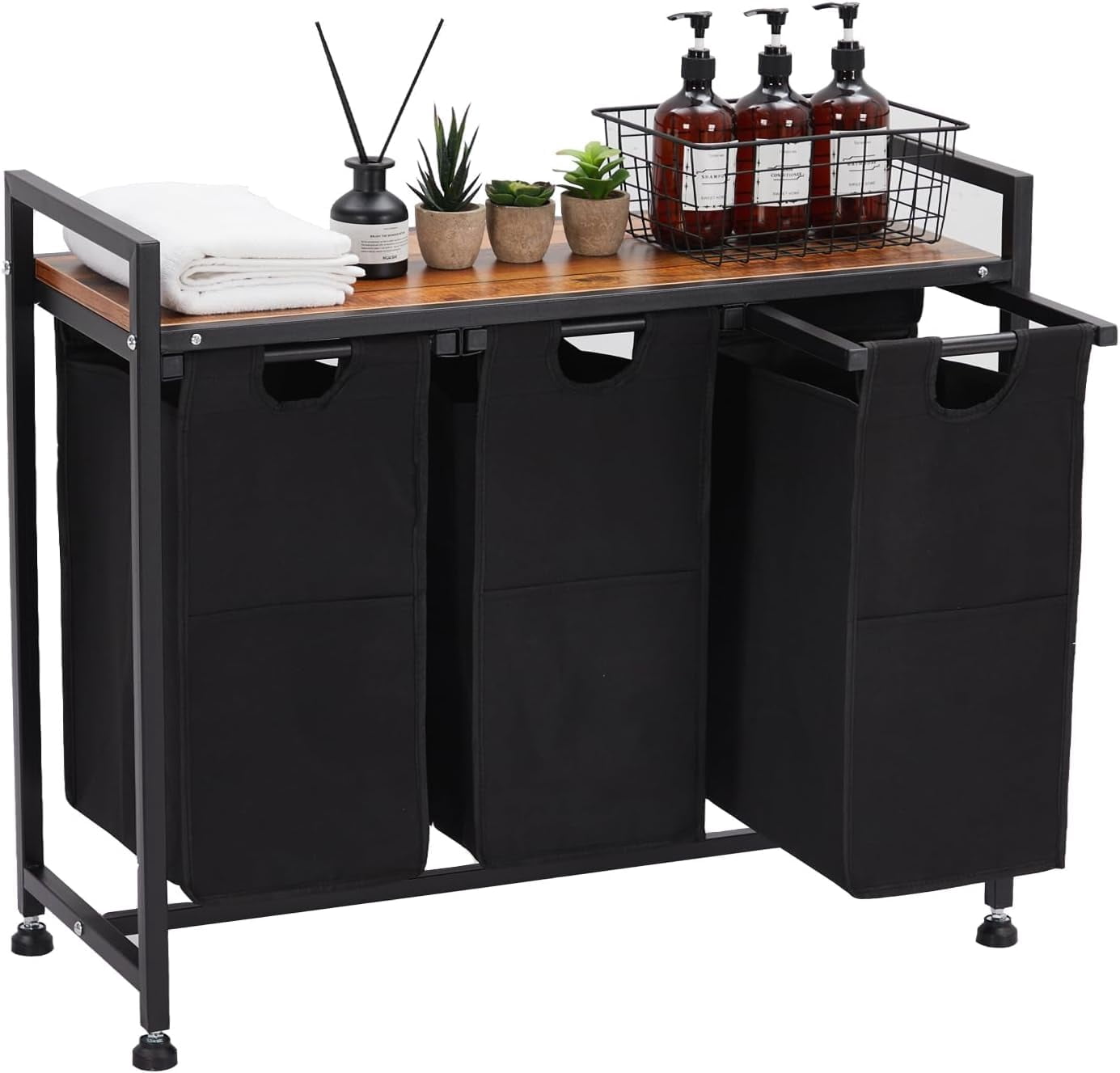 3-Section Laundry Hamper with Ventilated Shelf - Removable Pull-Out Oxford Bags - Rolling Laundry Sorter for Room Organization, Black - 3 Baskets