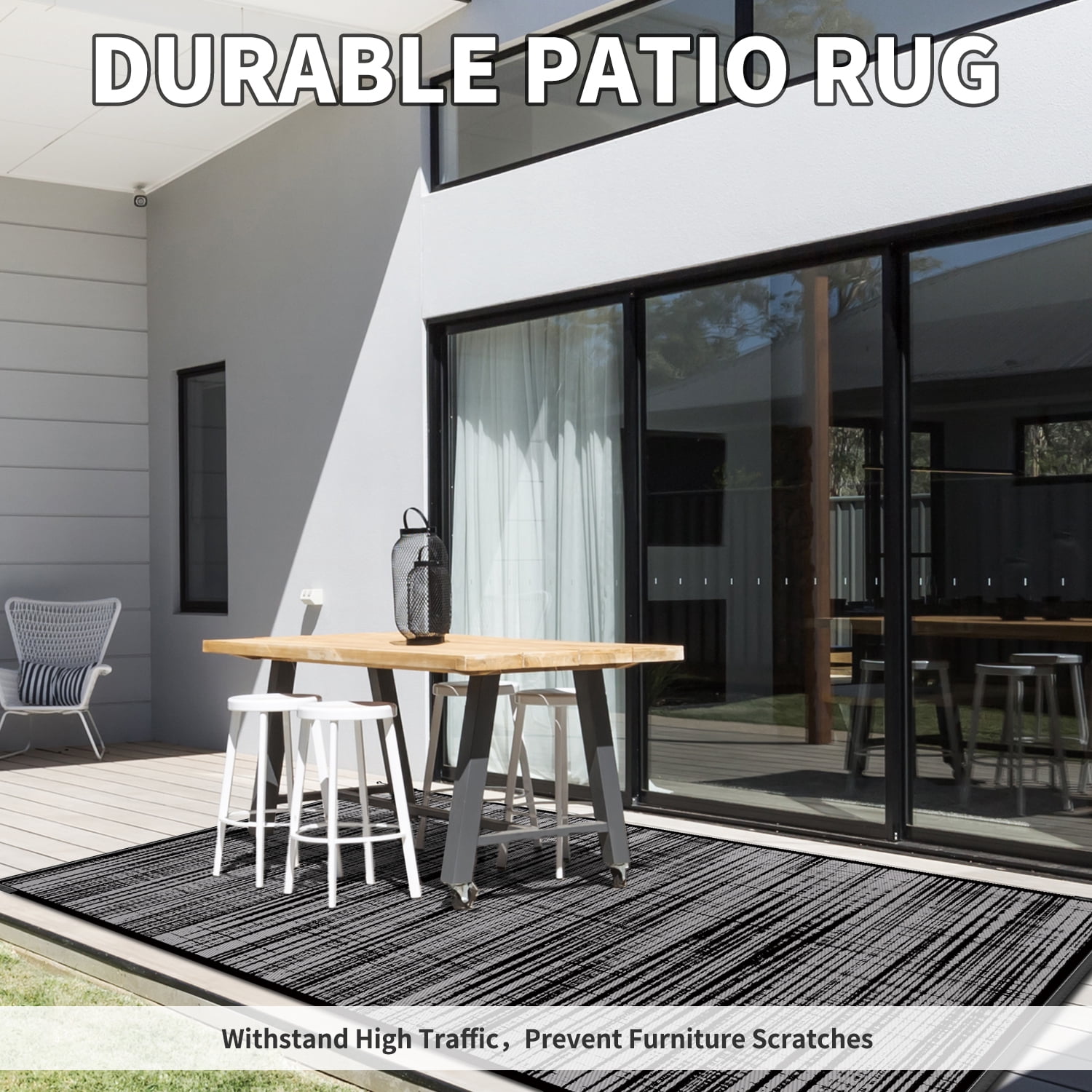 VUNATE Outdoor Rug Carpet 5'x8' Waterproof Reversible Patio Rug Portable Modern Abstract Indoor Outdoor Rug Plastic Straw Rug for RV Camping Garden Picnic Deck Backyard Porch Decor Black and Gray