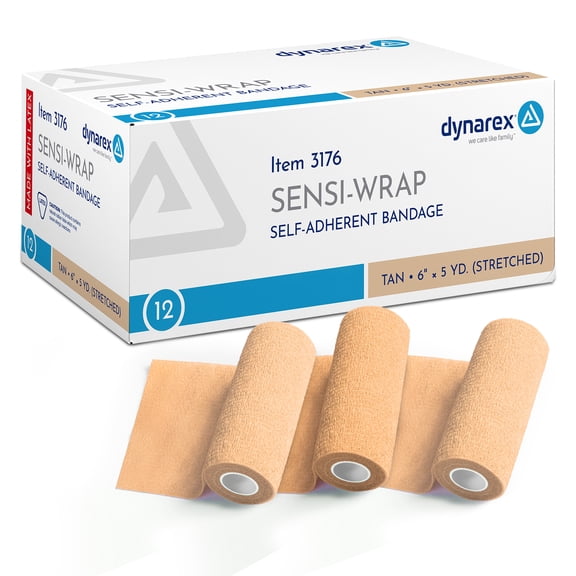 Dynarex Sensi-Wrap Self-Adhesive Bandages, 12-Pack, 6" x 5 yards, Tan, Latex, Colored Elastic Cohesive Athletic Tape, Tattoo Grip & Vet Wrap