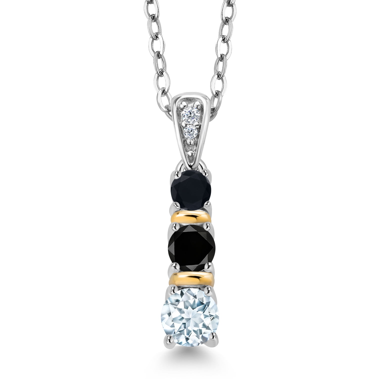 Gem Stone King 925 Silver and 10K Yellow Gold Round Sky Blue Aquamarine Black Diamond and Black Onyx Pendant Necklace for Women (0.52 Cttw, Gemstone March Birthstone, with 18 inch Chain)