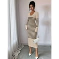 thumbnail image 3 of Women'S Striped V Neck Sweater Dress Long Sleeve Bodycon Midi Dresses Khaki M, 3 of 5