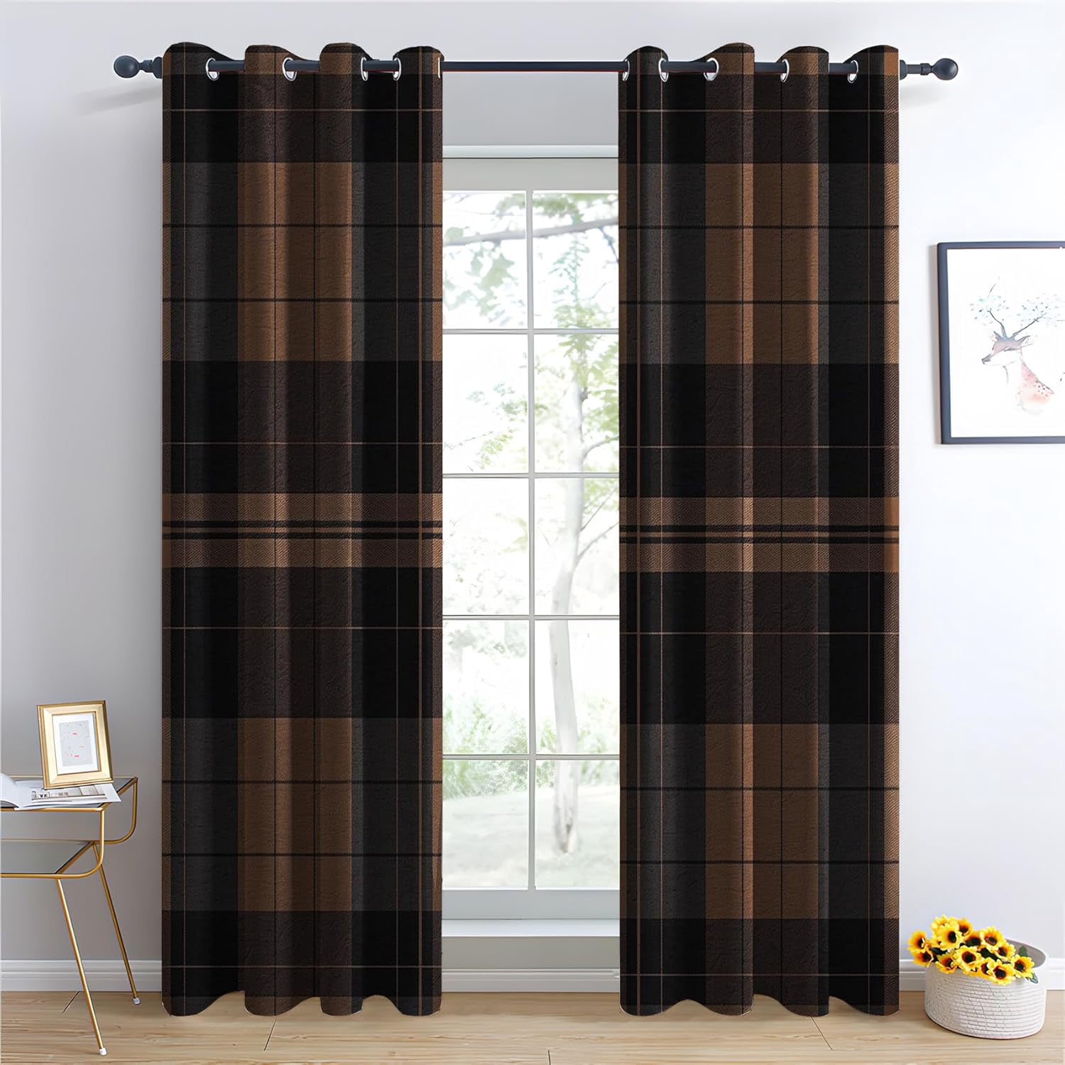 Scottish Tartan Curtains for Bedroom, Brown Plaid Blackout Curtains for Living Room Country Gingham Decor Window Curtains,Grommet Drapes 2 Panels Set-52"W x 96"L (Pack of 2)