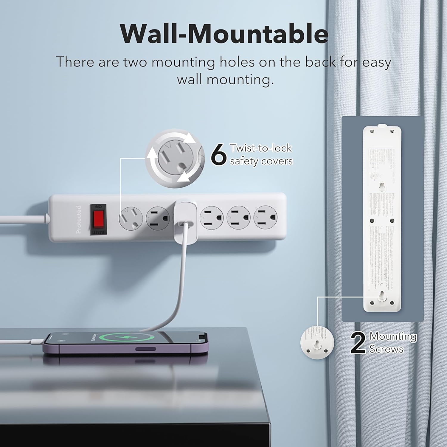 BN-LINK 6-Outlet Power Strip Surge Protector 2-Pack, 10-Foot Extension Cord, 600 Joules, Twist-to-Close Safety Covers, 90 Degree Flat Plug, Overload Protection, White