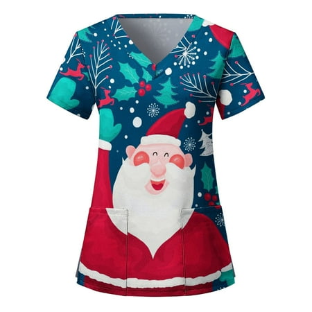 

TAIAOJING Women Scrubs Top Ladies Casual Loose V Neck Christmas Print Short Sleeve Pocket Loose Top Workwear