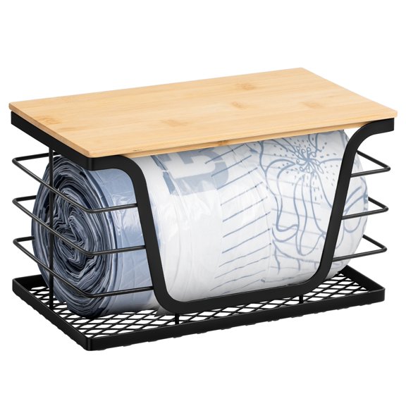 Wetheny Trash bag holder with Bamboo Top and Mesh Bottom, Stackable Garbage Bag Holder Dispenser Under Sink, Wall Mounted Storage for Kitchen Laundry Organizers, Black
