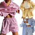 thumbnail image 3 of Automne Femmes 2PCS Ensemble Femmes Rayé Plaid Manches Longues Chemises Taille Haute Short Pantalon Survêtement Jaune M, 3 of 3