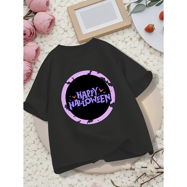Halloween T-shirt - Cotton, Black with Purple & Pink "Happy Halloween" Design, Short Sleeve Round Neck Casual Top for Boys & Girls, Halloween Shirts