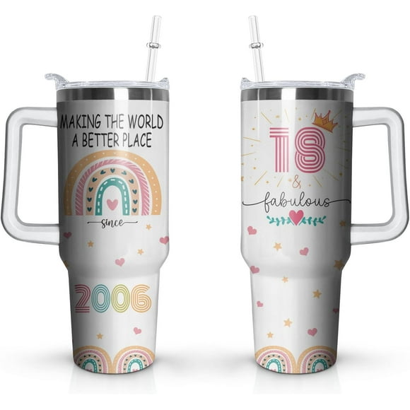 18th Birthday Gifts Cup, 40 Oz Stainless Steel Tumbler with Handle & Straw, 18 Year Old Birthday Gifts for Girls Coffee Mug, 18th Birthday Decorations for Girls, Happy 18th Birthday Gifts for Girls