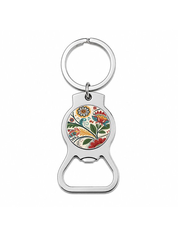 Traditional Folk Art Flowers Leaves Pattern Portable Bottle Opener Metal Keychain