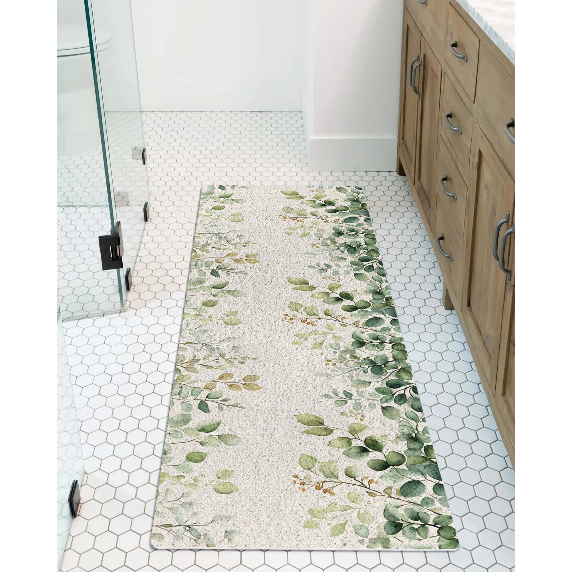 Green Eucalyptus Non-Slip Bathtub Mat, Leaf Watercolor Plant Linen Background PVC Bath Mat for Tub Quick Drying Shower Mats for Inside Shower, Foot Scrubber Loofah Bathroom Mats 47x16 Inches