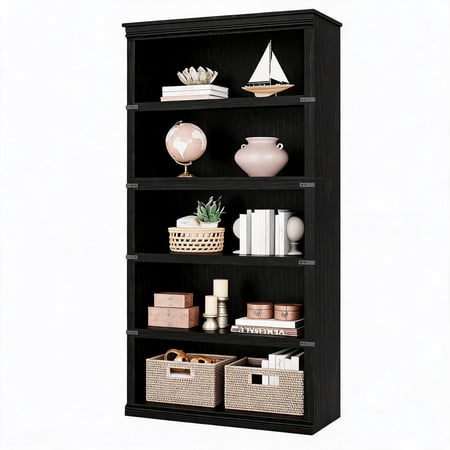 Bookshelf 5-Tier Open Bookcase with Storage Freestanding Wooden Display Shelf with Solid Wood Frame MDF Shelves Wall Anchor Kit and Farmhouse Design for Home Office Living Room and Bedroom