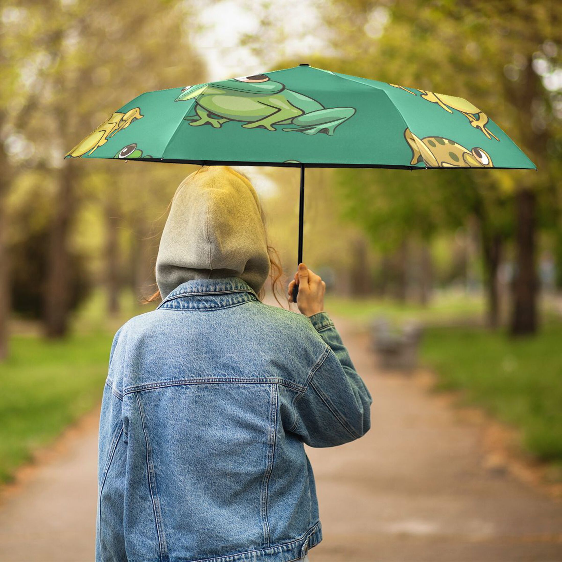 Cartoon Frogs All Weather Umbrella Triple Folding Parasol 6 Ribs UV Protection Portable