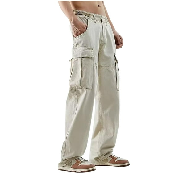 PMUYBHF Mens Jogging Pants with Zipper Fly Men's Casual Baggy Cargo Pants Casual Streetwear Wide Leg Trousers Mens Casual Pants Elastic Waistband Men's Sweat Pants with Zippered Pockets