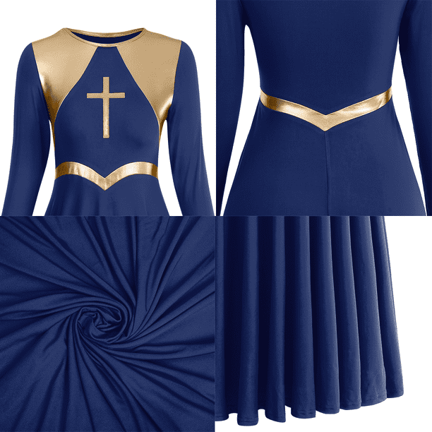 IDOPIP Women's Liturgical Praise Dance Dress Metallic Cross Lyrical Dancewear Robe Worship Costume