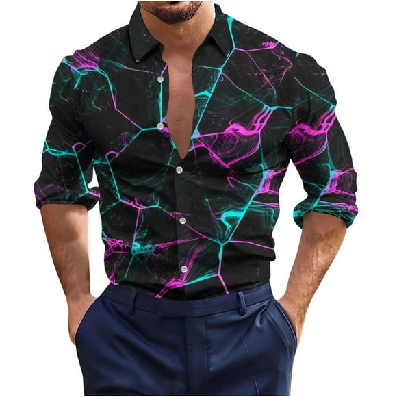 Mens Shirts Fashion Long Sleeve Digital Printing Shirts for Men Plus Size Lapel Collar Mens Dress Shirts Stylish Big & Tall Button Up Daily Hawiian Shirt for Men(Clearance-Sale,Pink,M)