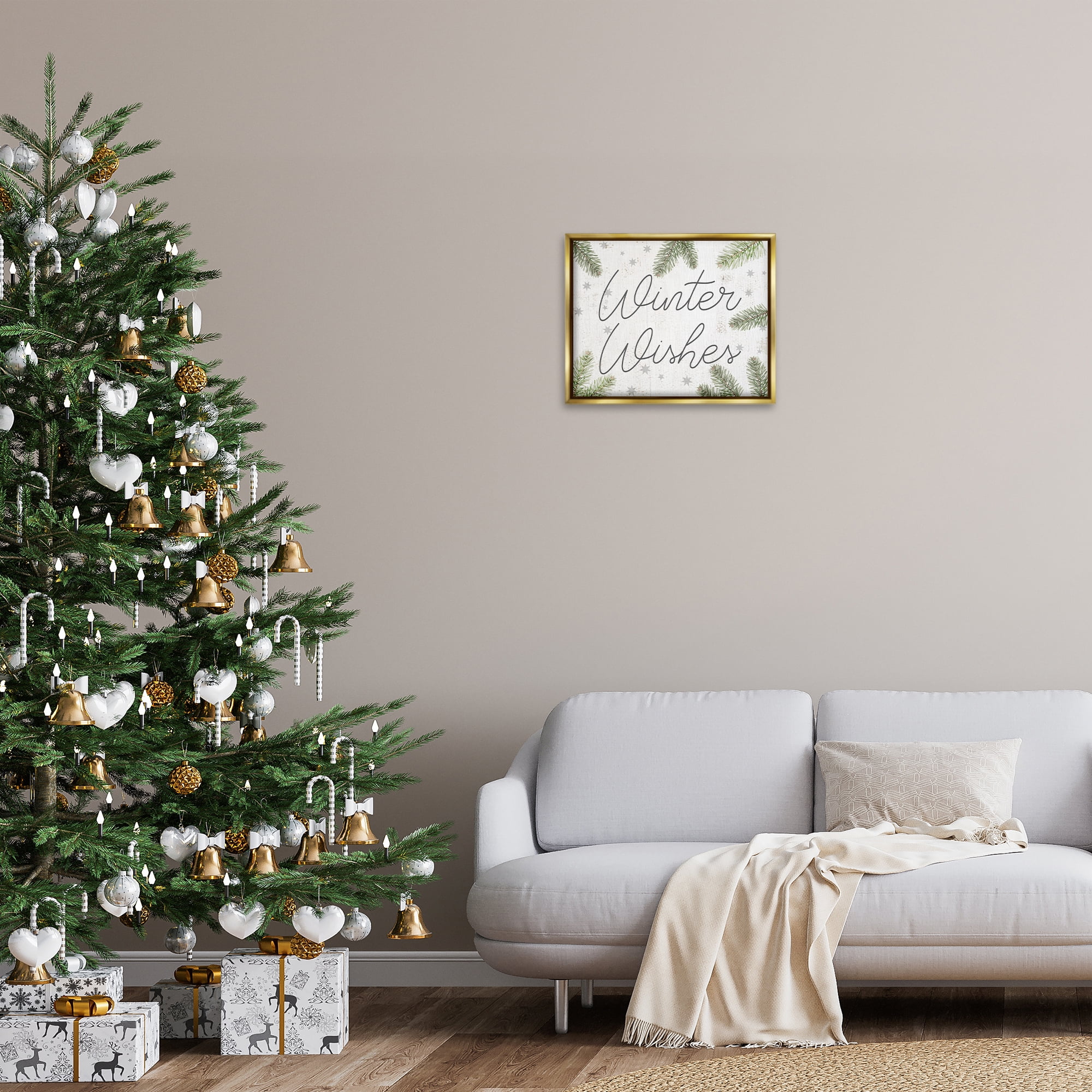 Stupell Industries Winter Wishes with Sprigs Holiday Painting Gold Floater Framed Canvas Art Prints Wall Art, 21 x 17