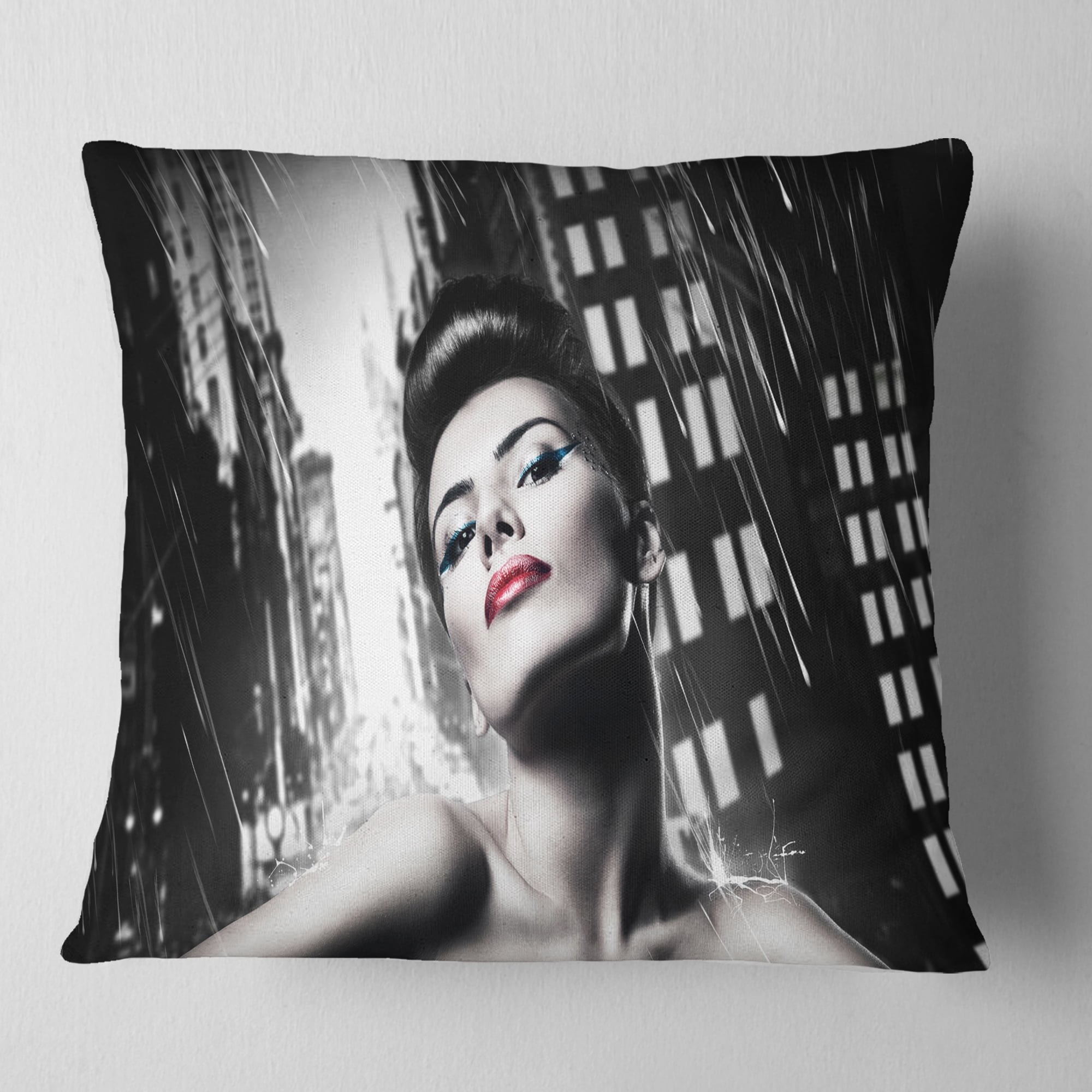 Designart Brunette Woman with Red Lips - Woman Portrait Throw Pillow - 16x16
