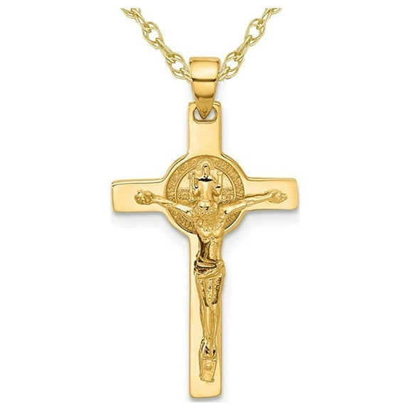 14K Yellow Gold Cross Crucifix and St Benedict Pendant Necklace with Chain for Women