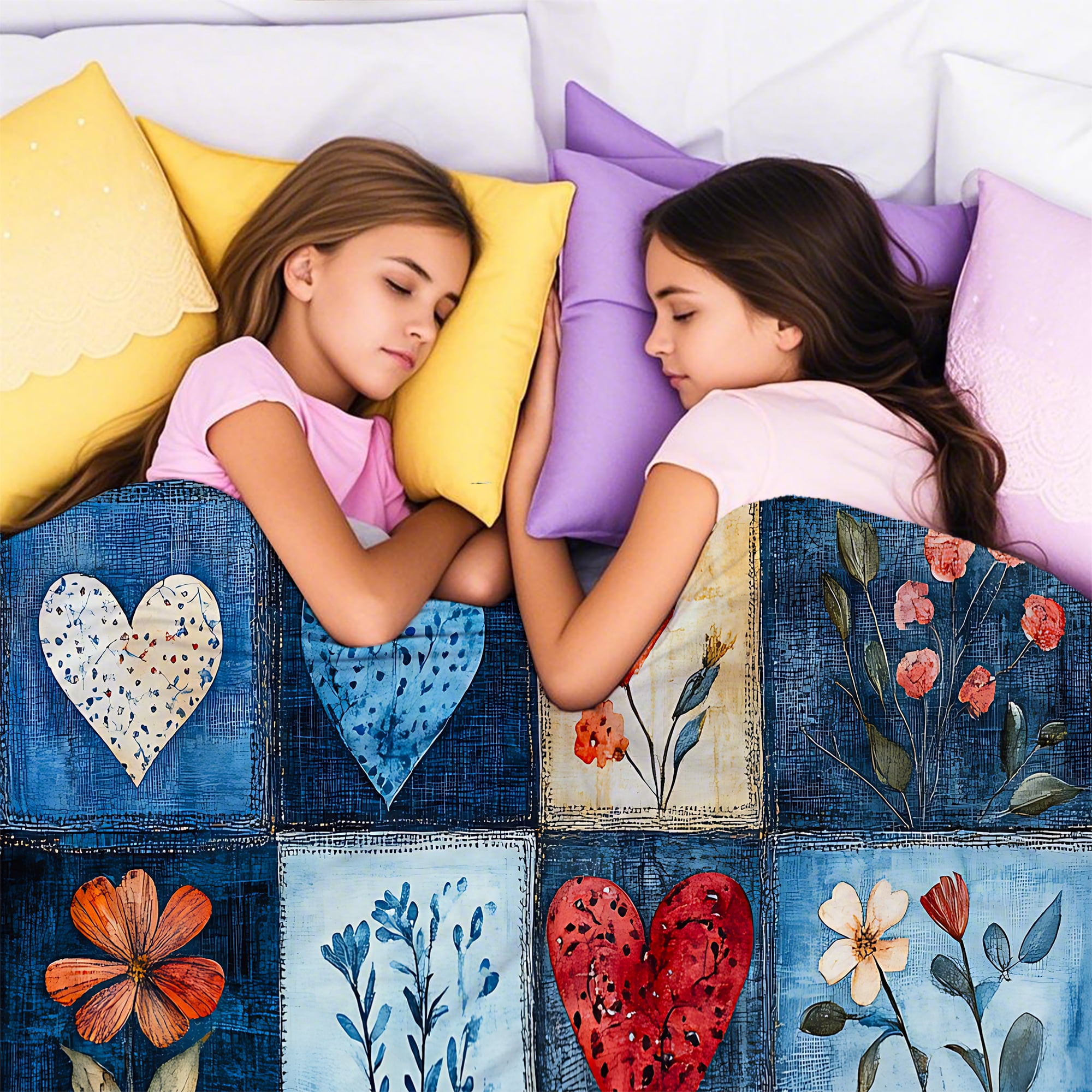 Sherpa Fleece Twin Blanket 60"x80" Reversible Plush Fluffy Blanket, Double-Layer Super Soft Flannel Blanket for Sofa, Couch, Bed, Patchwork Floral & Heart Pattern