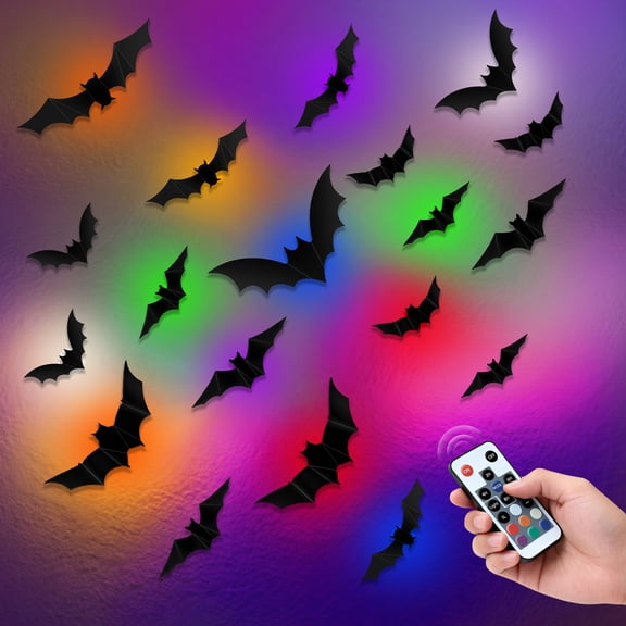 PChero 48Pcs Halloween Bats Wall Decor with 12 Color Changing Lights, 3D Light Up Bats with Remote Timer, 10 Different Size PET LED Bat Wall Stickers for Bedroom Window Spooky Decor Home Decals
