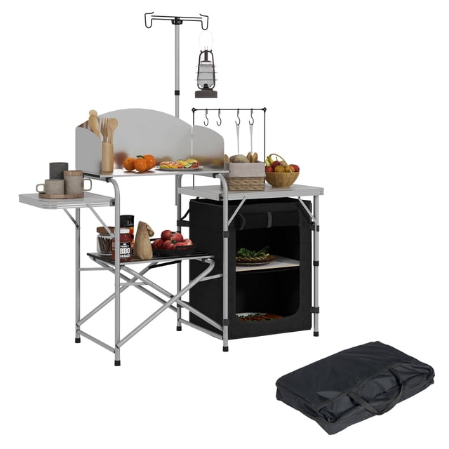 Outsunny Folding Camping Kitchen with Storage Organizer Windshield Silver