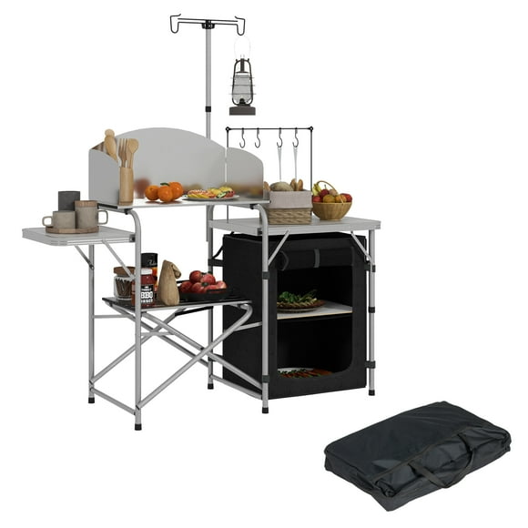 Outsunny Cuisine de Camping Pliante avec Organisateur de Rangement Pare-Brise Argent