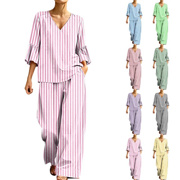 Womens Stripe Casual Two Piece Outfit V-Neck 3/4 Bell Sleeve Top Elastic Waist Wide Leg Pants with Pockets Loungewear Set Pink XL(XL)