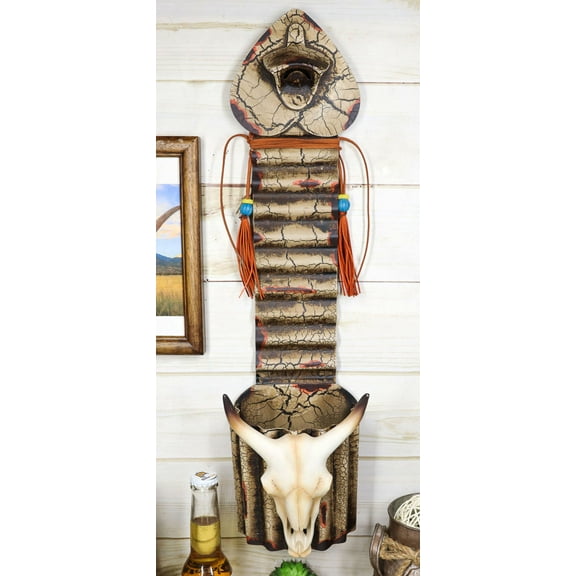 Rustic Western Beaded Bull Cow Skull Bottle Cap Opener With Bucket Catch 21"H
