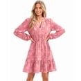 thumbnail image 3 of Women'S Casual Long Sleeve Babydoll Flowy Dress V Neck Swing Party Mini Dress Pink S, 3 of 9