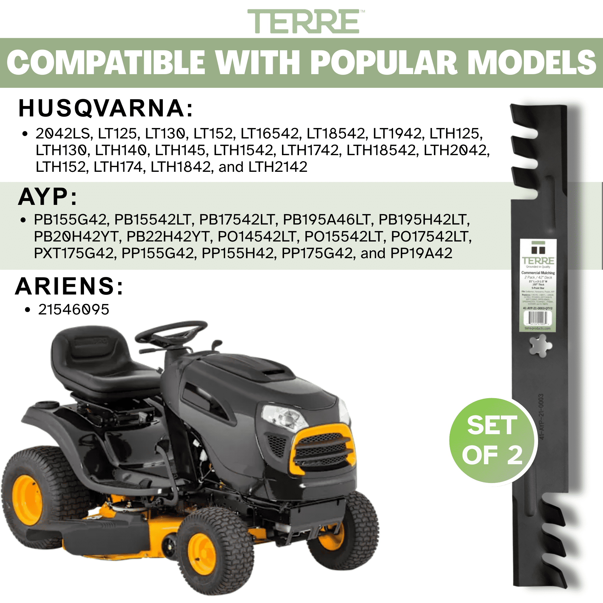 Terre Mulching Lawn Mower Blades, 42 Inch, for Craftsman and Compatible Models