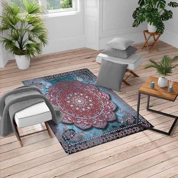 Ethnic Turkish Area Rug, Mystic Mandala Culture Karma Calmness and Harmony Boho Design, Soft Carpet for Living Room Decor with Distressed Look, 5.2' X 7.6', Pale Maroon, by Ambesonne