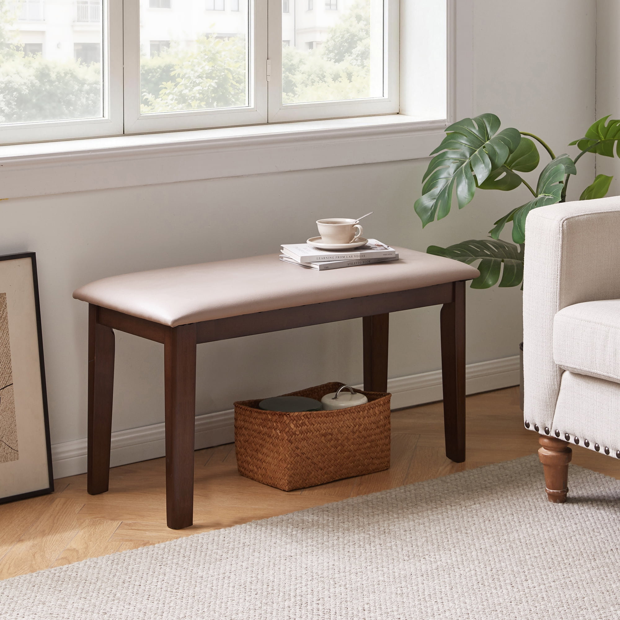 Solid Wood Frame Bench with Soft Breathable Tech Fabric Cushion, Heavy Duty Farmhouse Upholstered Stool, Multi-use Furniture for Dining Room, Entryway, Bedroom, Living Room and Apartment