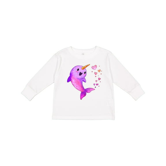 Inktastic Valentine's Day Cute Pink Narwhal with Hearts Boys or Girls Long Sleeve Toddler T-Shirt
