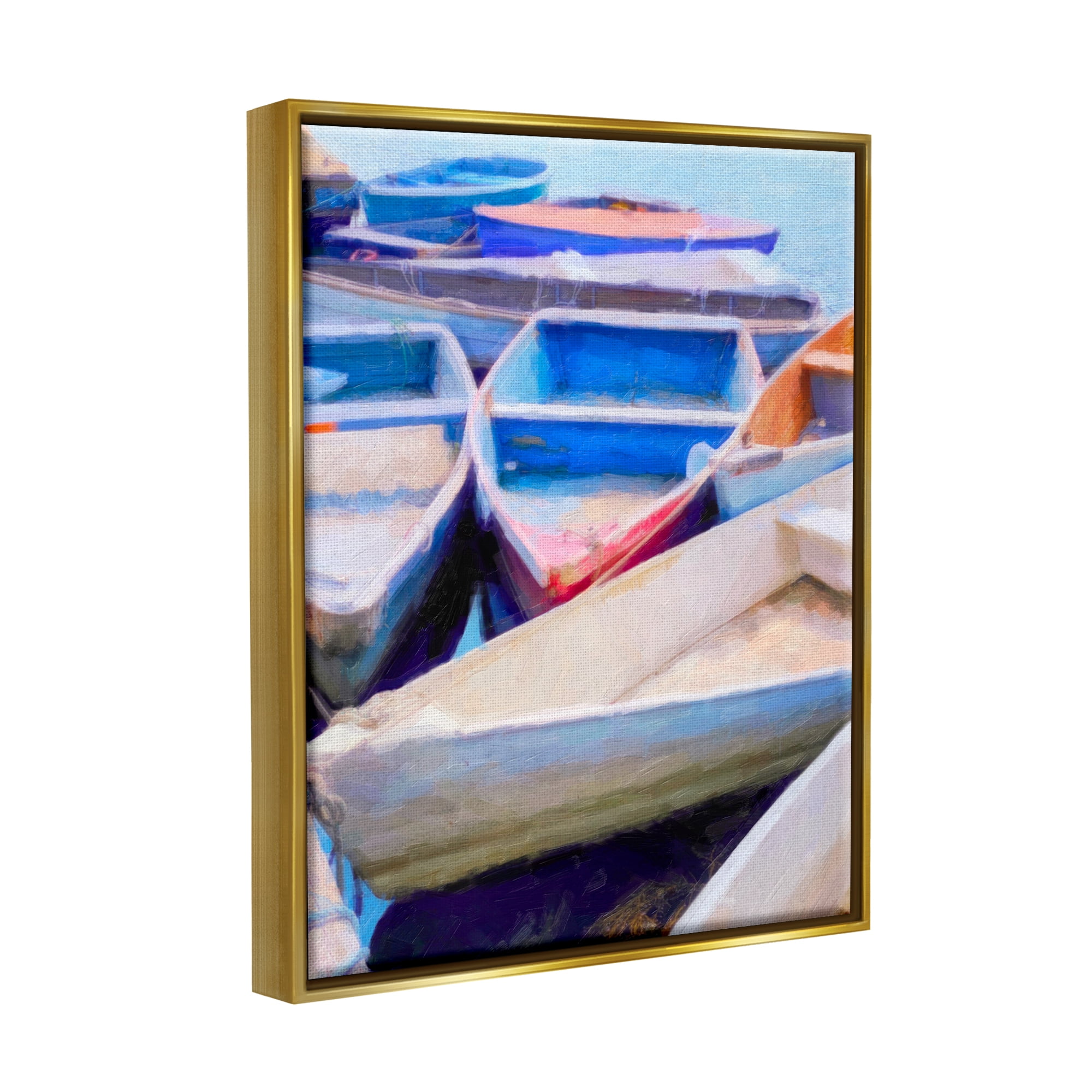 Stupell Industries Docked Rowboats Vivid Hues Coastal Painting Gold Floater Framed Art Print Wall Art